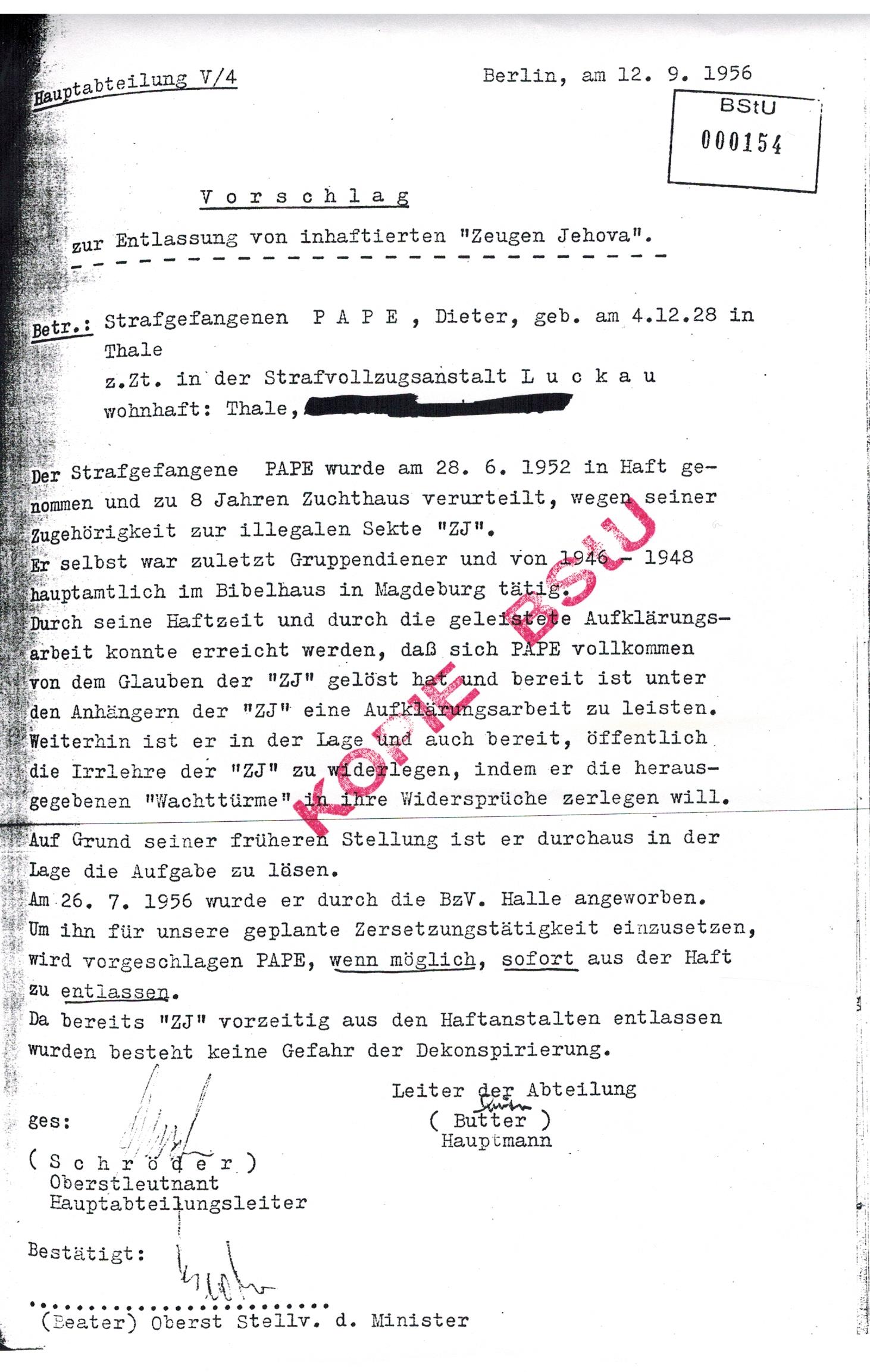 Haftentlassung D. Papes 1956